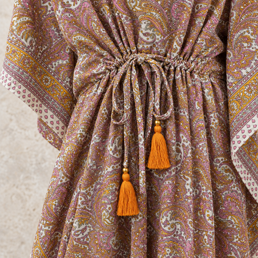 Paisley-Kaftankleid – Detail von Stoff, Tunnelzug und Quasten