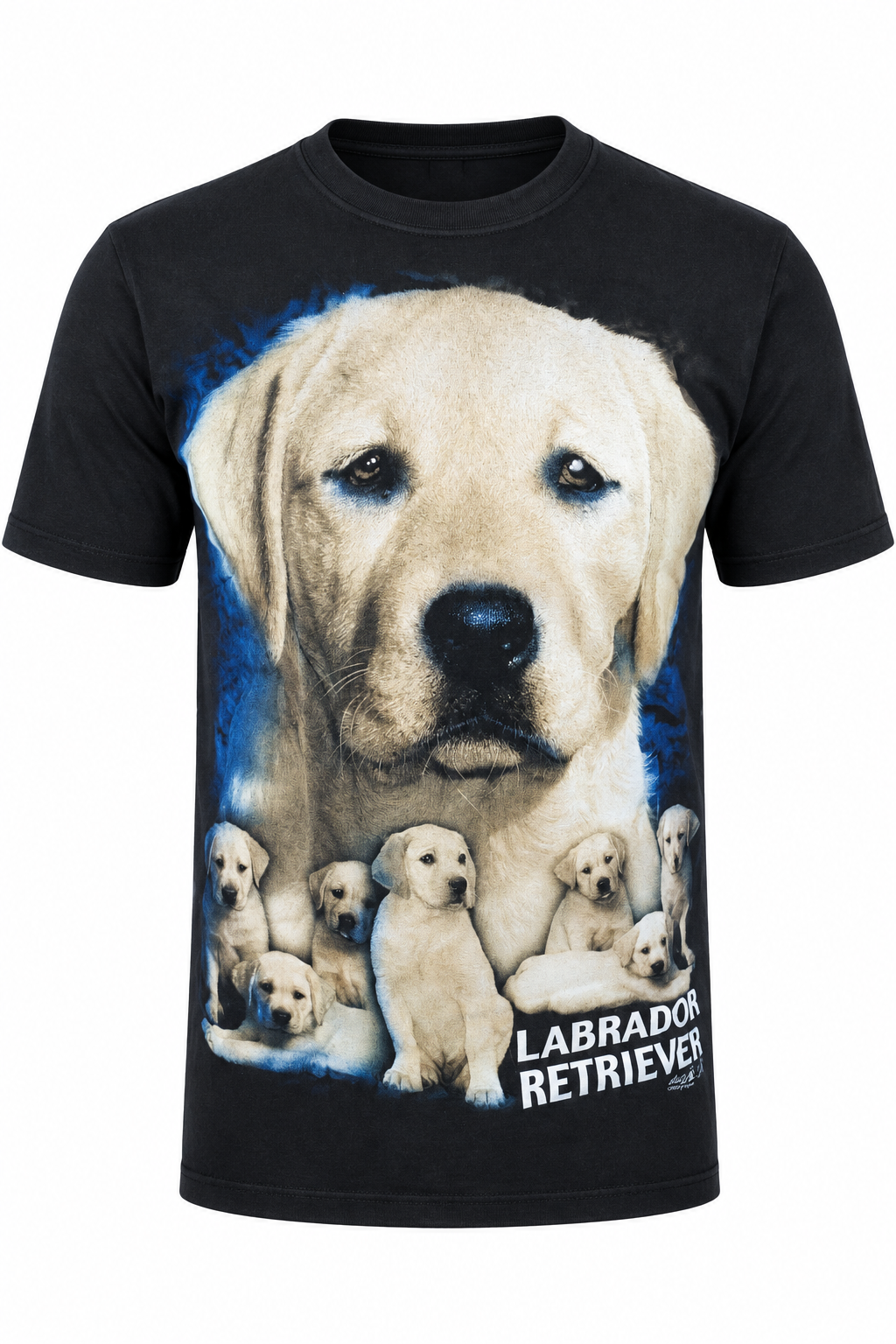 Schwarzes Labrador Retriever T-Shirt mit großem gelbem Labrador und Welpen