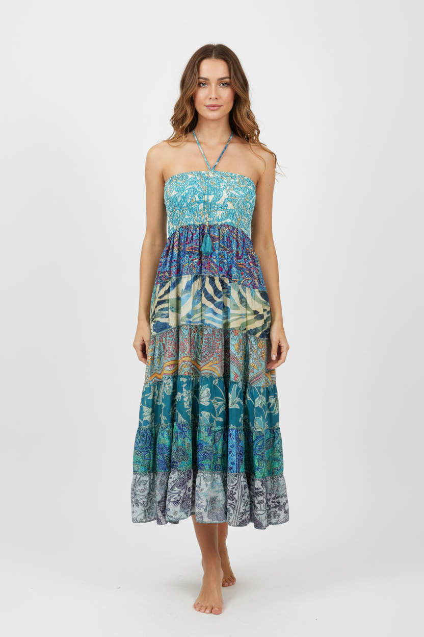 Boho Patchwork Kleid türkis auf Model