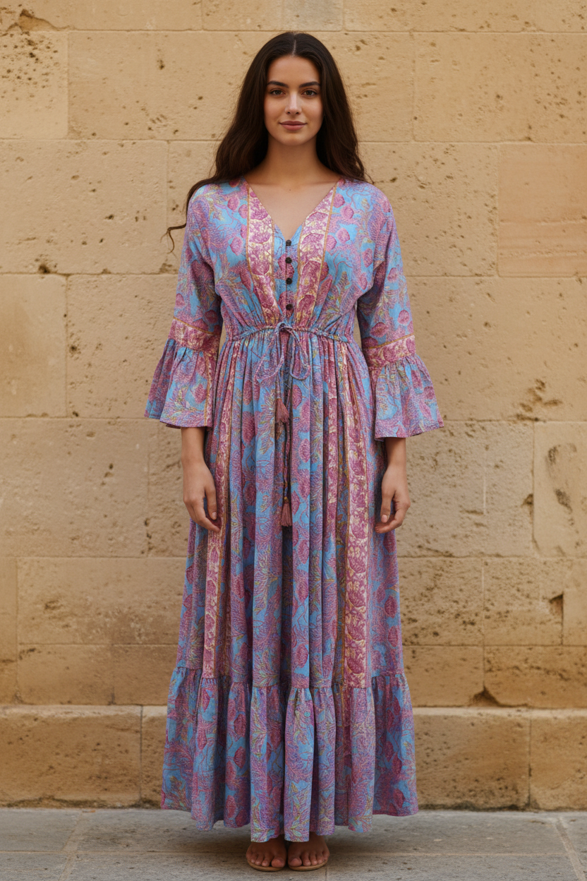 Boho Maxi Kleid Himmelblau Pink Rosen – Steinwand