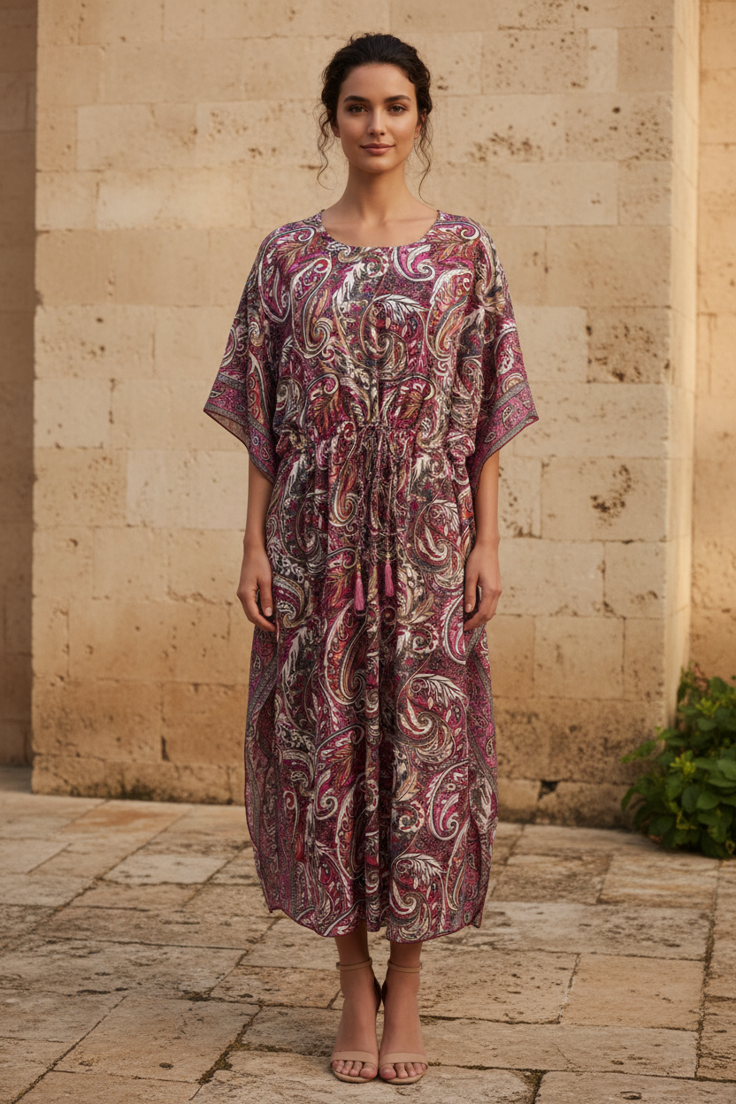 Boho Kaftan Bordeaux Magenta Paisley – Steinwand