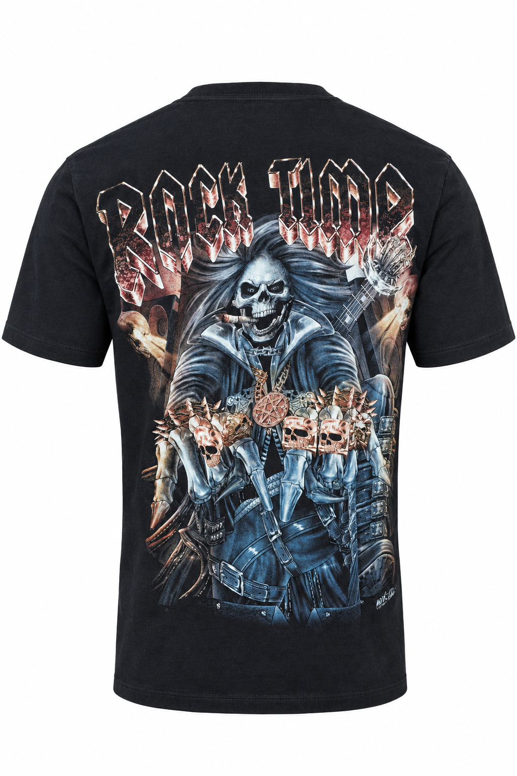 Rückseite des Rock Time Skull T-Shirts mit großem Skelett-Rocker-Motiv