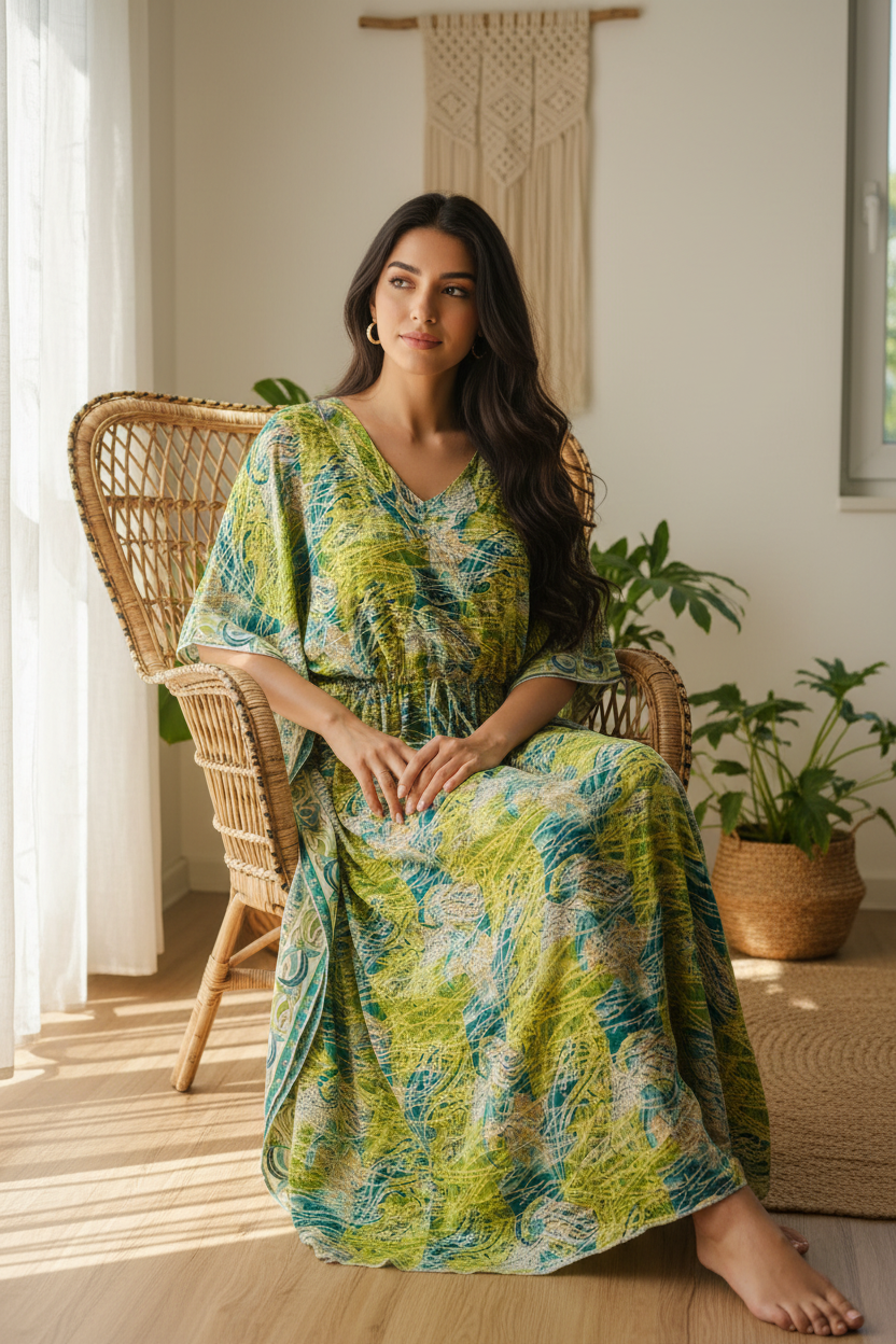 Boho Kaftan Grün Türkis Feder-Print – Sitzbild