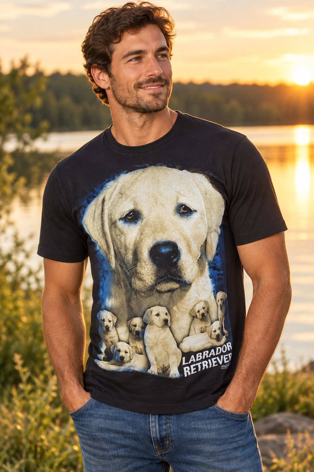 Model trägt das schwarze Labrador Retriever Family T-Shirt am See