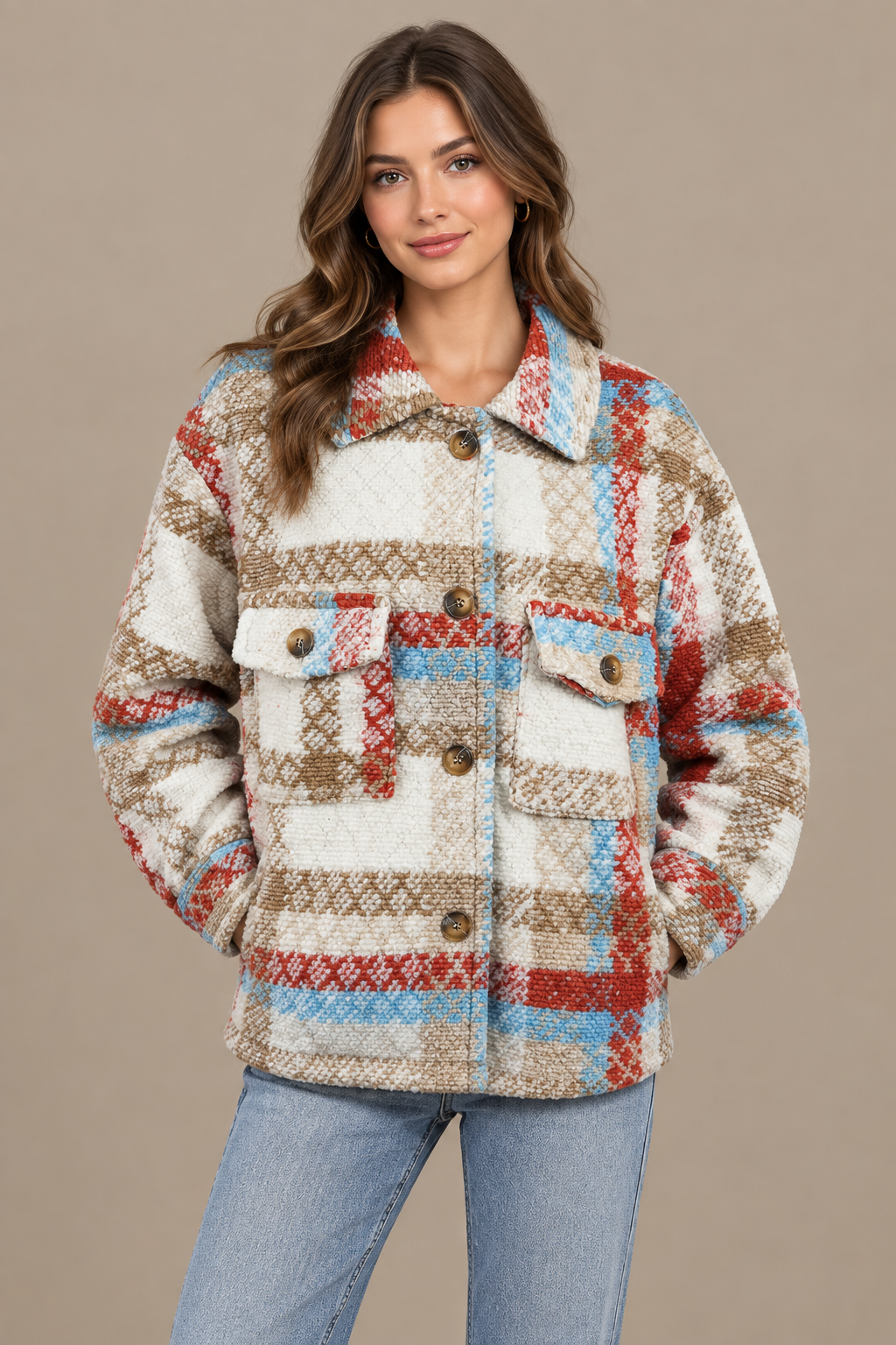 Karierte Oversize Jacke Shacket Beige-Mix – Studio Hauptbild