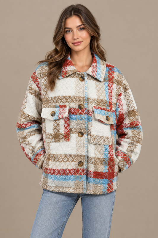 Karierte Oversize Jacke Shacket Beige-Mix – Studio Hauptbild
