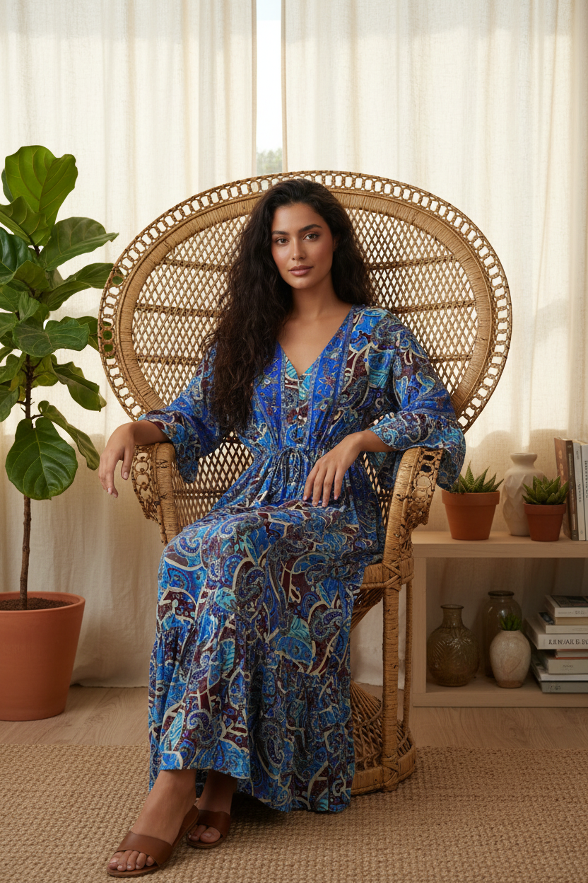 Boho Maxi Kleid Blau Bordeaux Paisley – Sitzbild