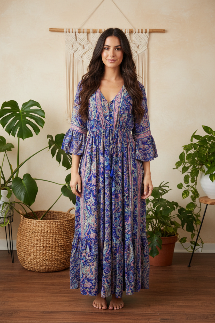 Boho Maxi Kleid Blau Lila Paisley – Boho Stehend