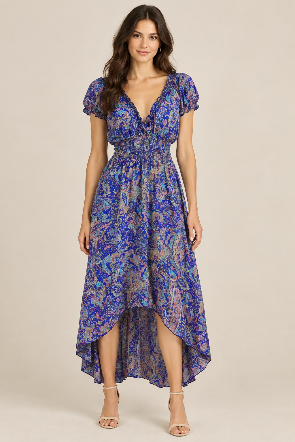 Boho Kleid Paisley-Mix – Hauptbild mit abgestuftem High-Low-Saum