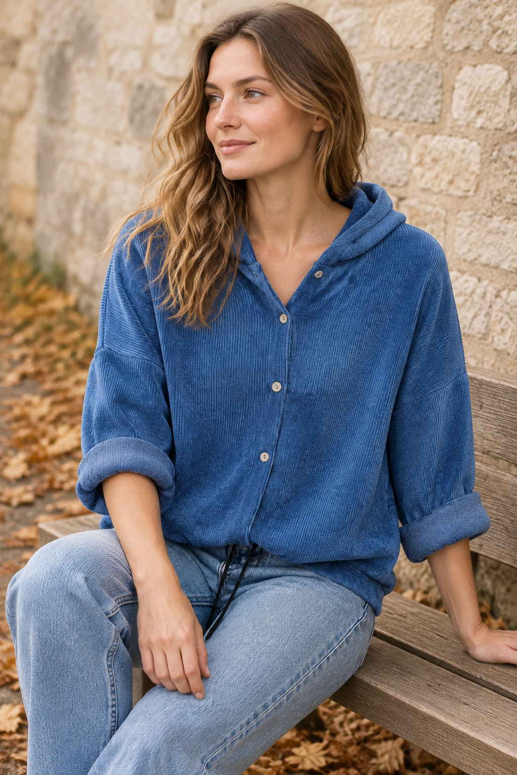 Blauer Cord-Hoodie am sitzenden Model im Herbst
