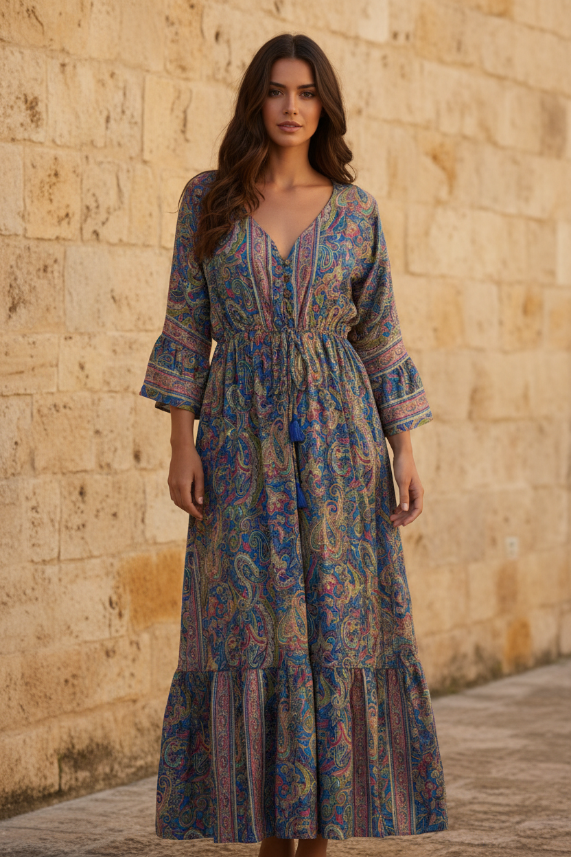 Boho Maxi Kleid Paisley – Steinwand Stehend