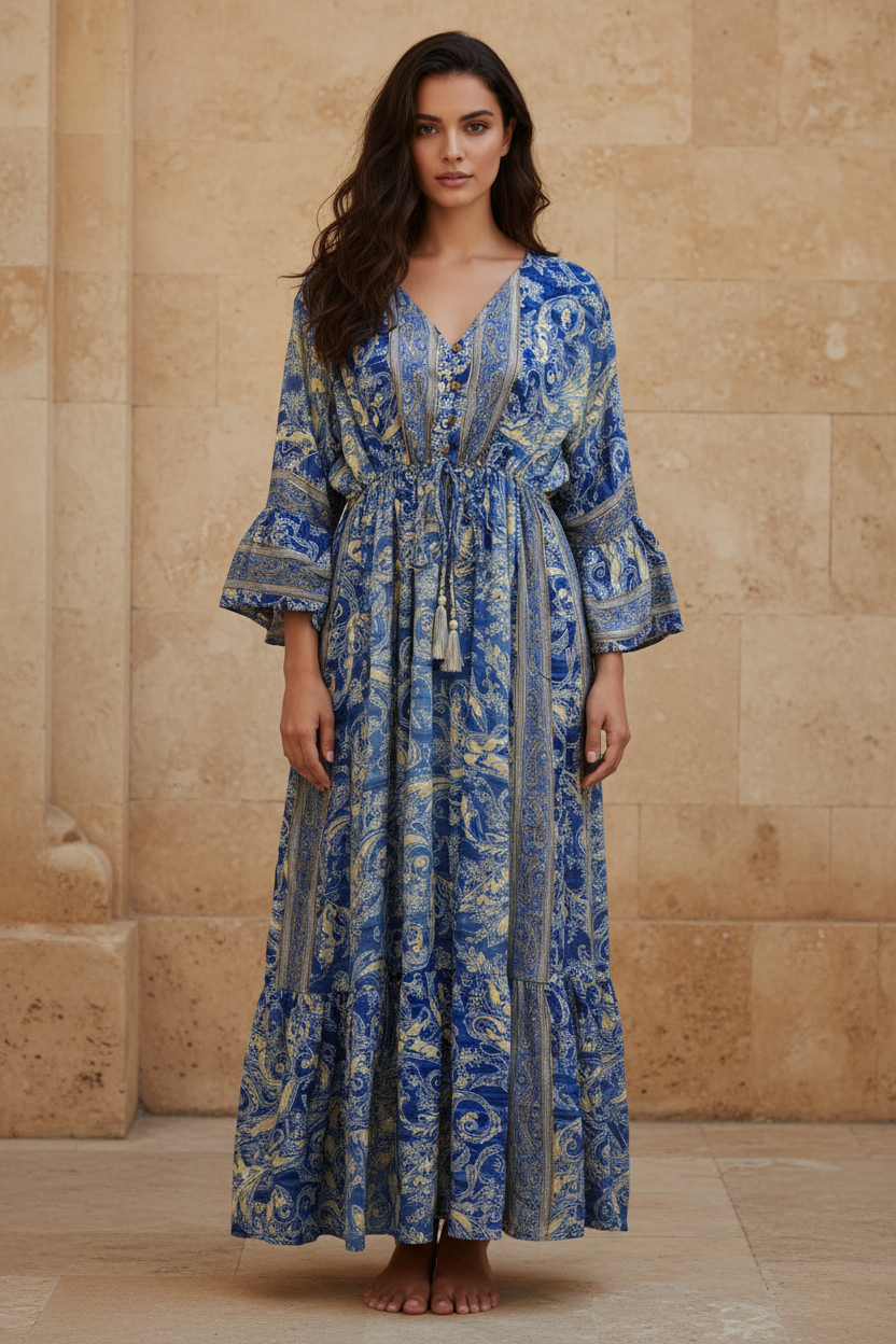 Boho Maxi Kleid Kobaltblau Gelb Baroque Paisley – Steinwand