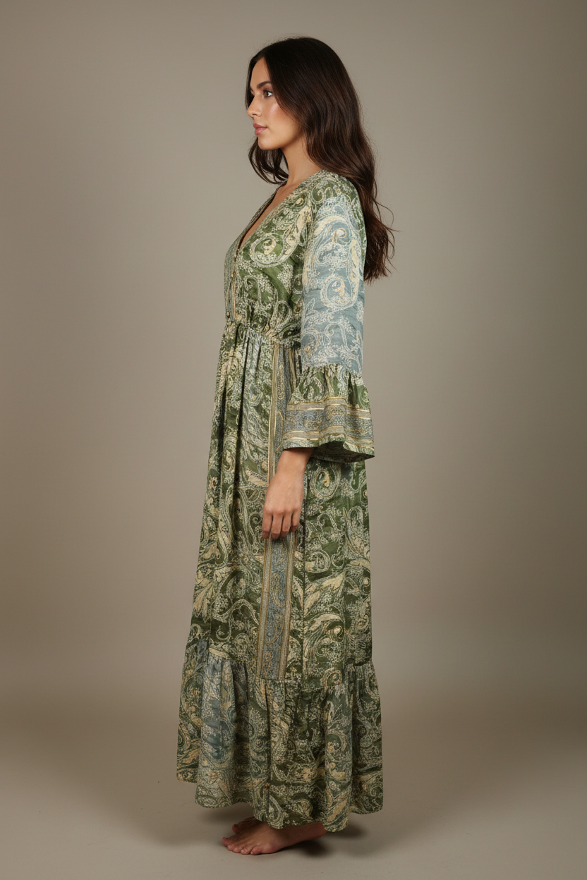 Boho Maxi Kleid Olive Gold Paisley – Studio Seitenansicht