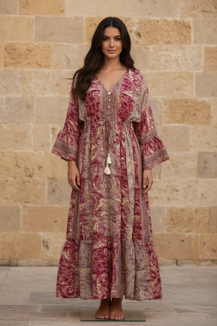 Boho Maxi Kleid Bordeaux Creme Baroque Paisley – Steinwand
