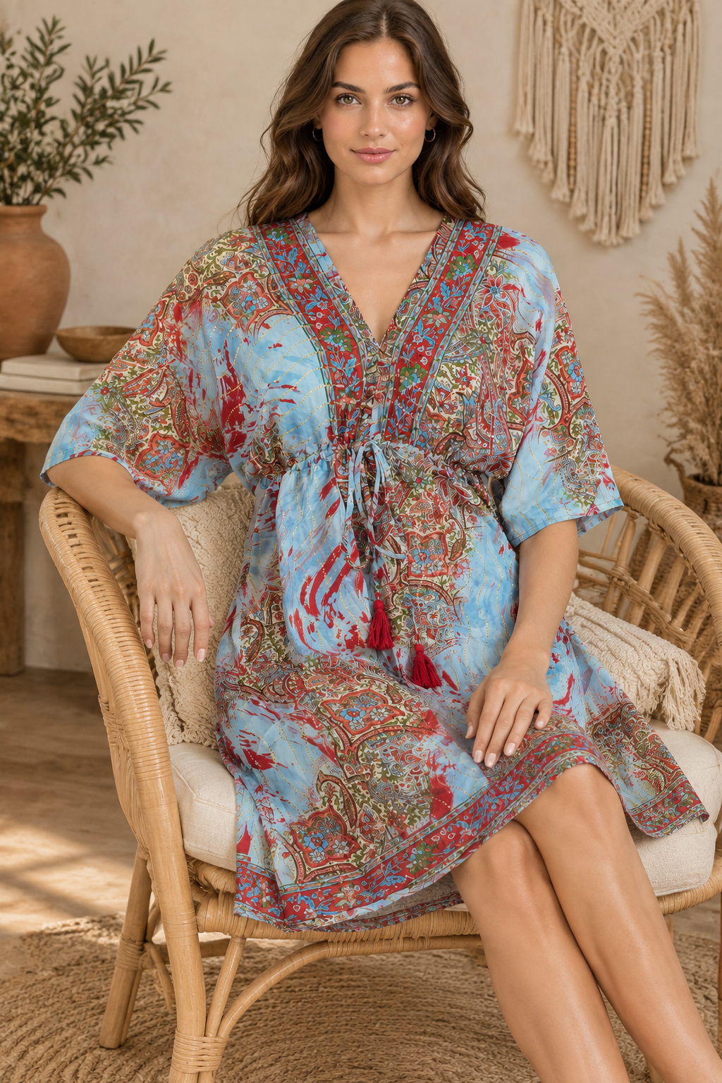 Boho Tunika Eisblau und Rot – Sitzbild