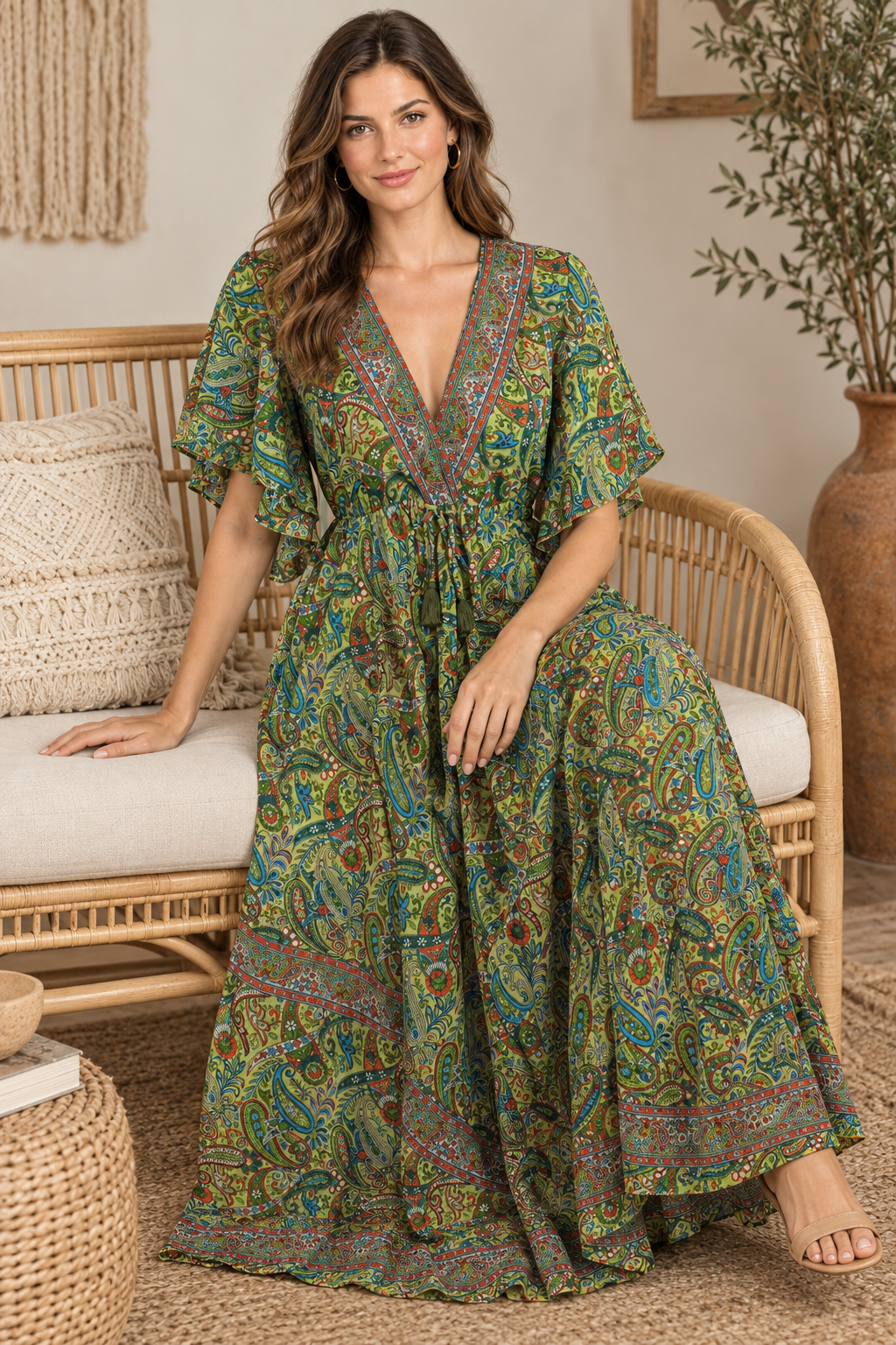 Boho Maxikleid Olivgrün Blau – Sitzbild