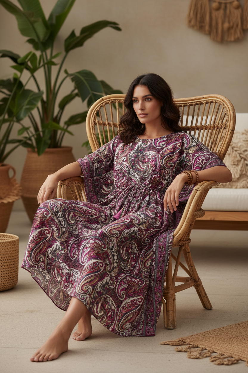 Boho Kaftan Bordeaux Magenta Paisley – Sitzbild