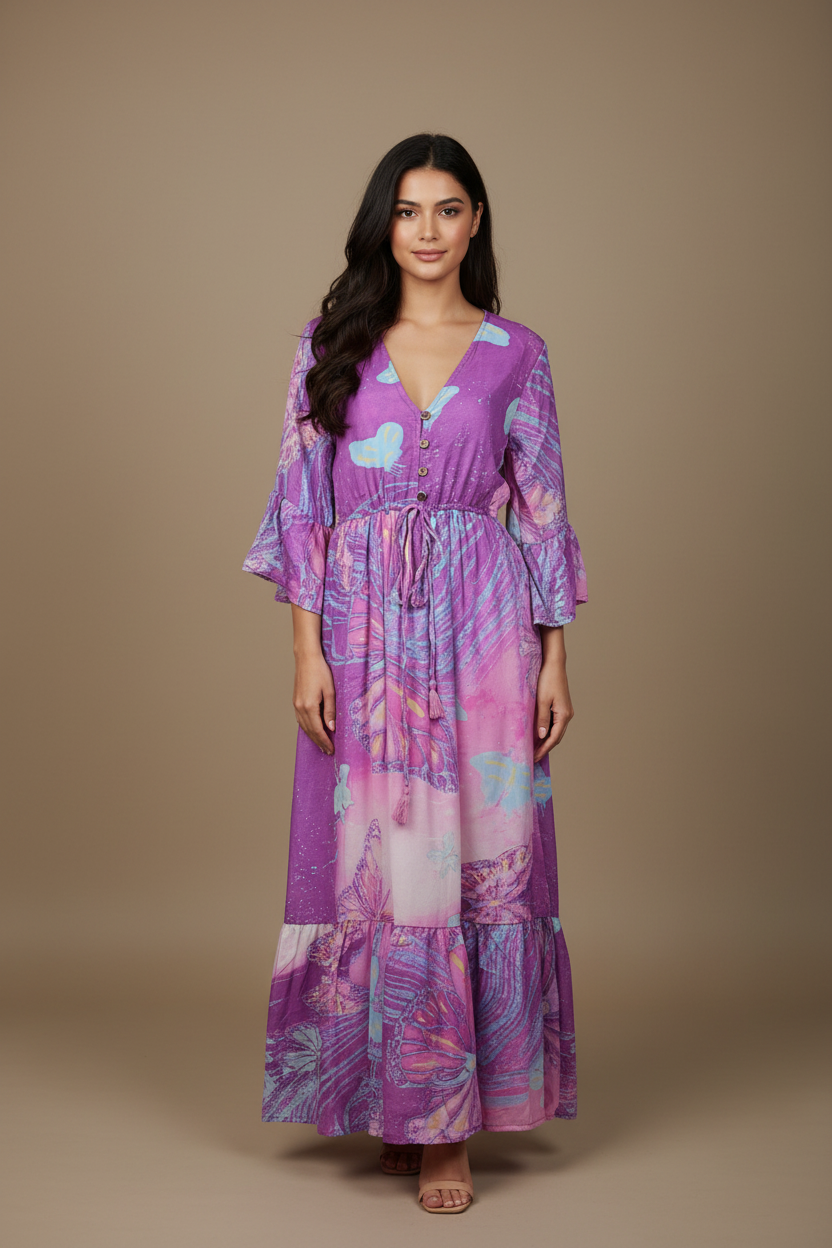 Boho Maxi Kleid Lila Pink Schmetterling – Studio Hauptbild