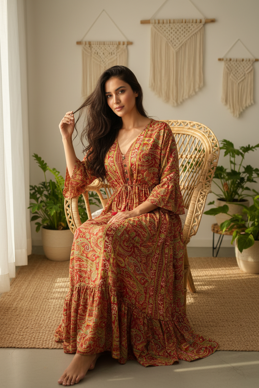 Boho Maxi Kleid Rot Gold Paisley – Sitzbild