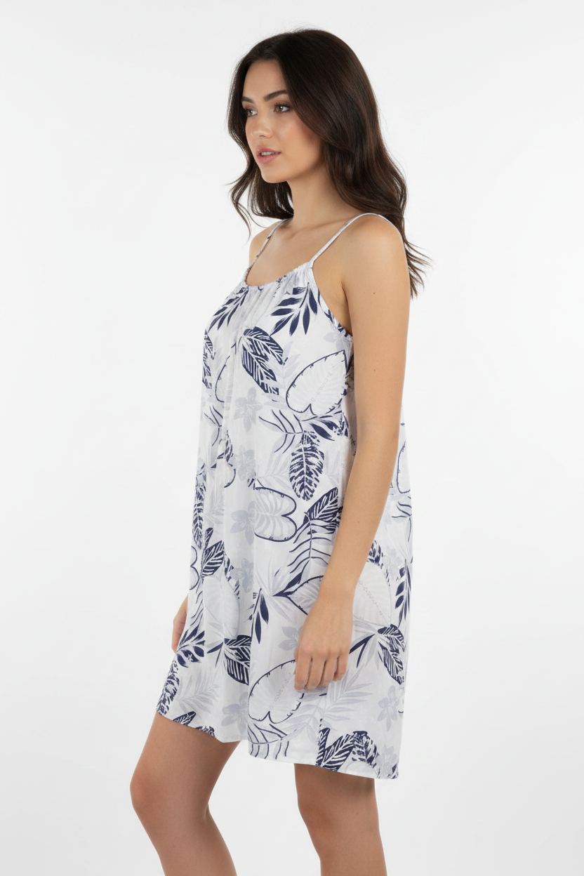 Sommerkleid Tropical Weiß Navy Seitenansicht KI