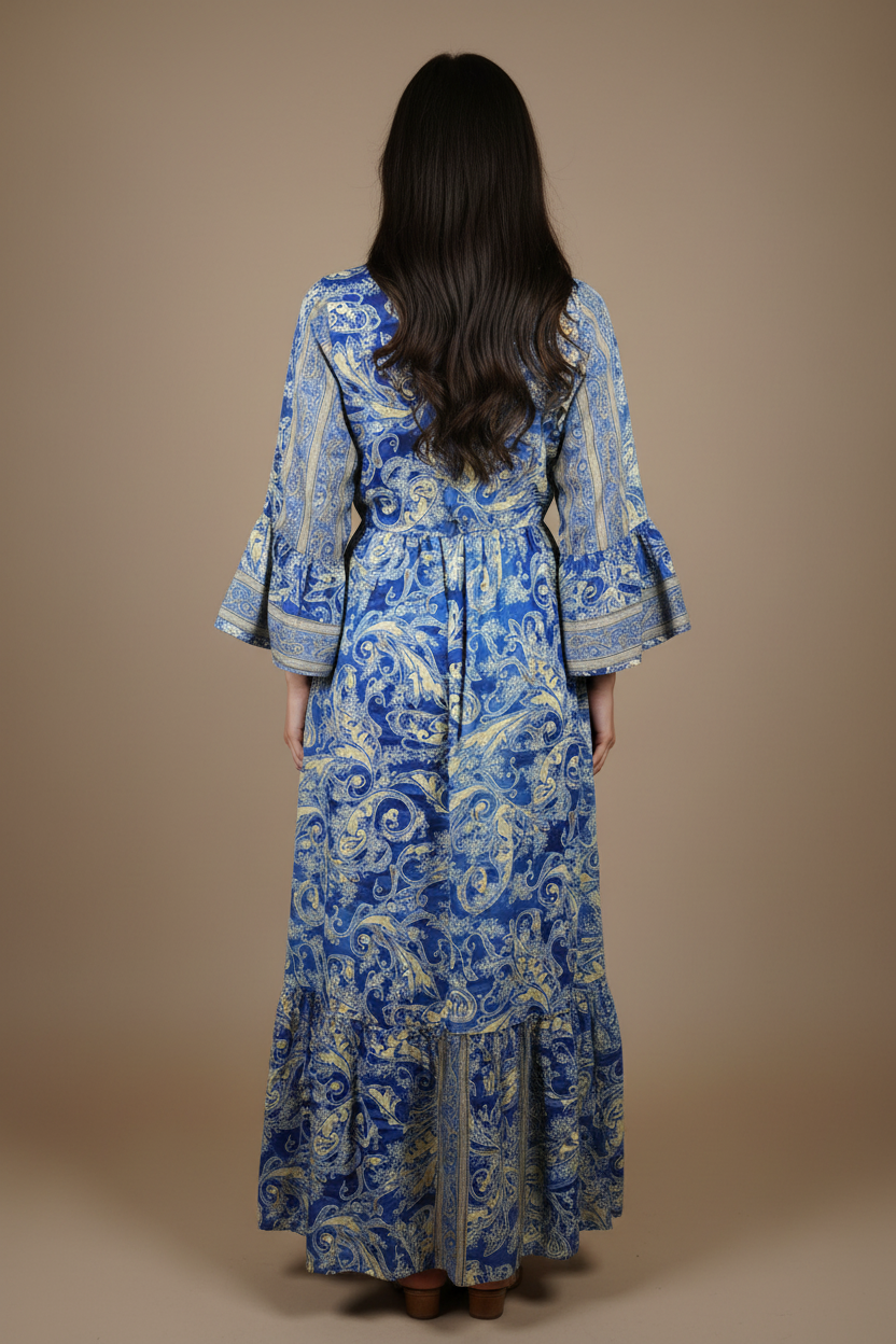 Boho Maxi Kleid Kobaltblau Gelb Baroque Paisley – Rückseite