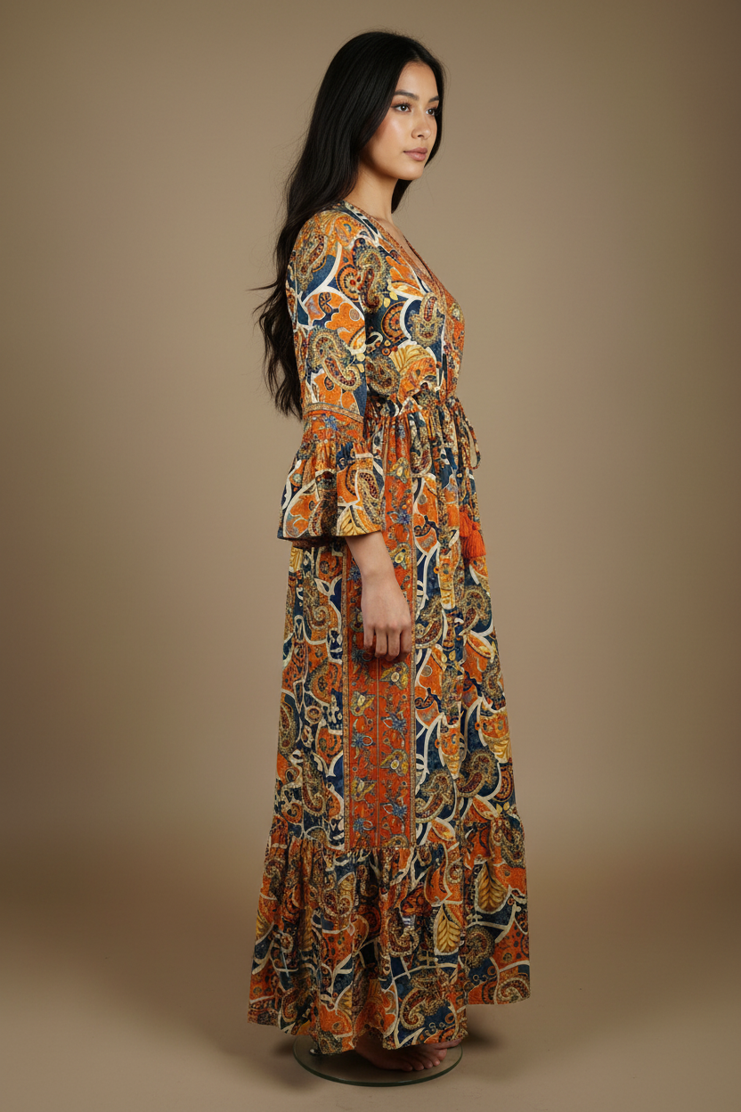 Boho Maxi Kleid Orange Navy Paisley – Seitenansicht