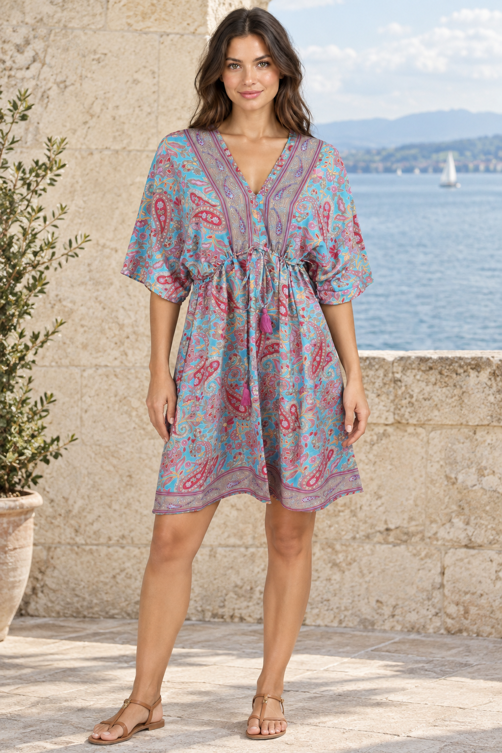 Boho Tunika in Aqua und Pink vor heller Steinwand