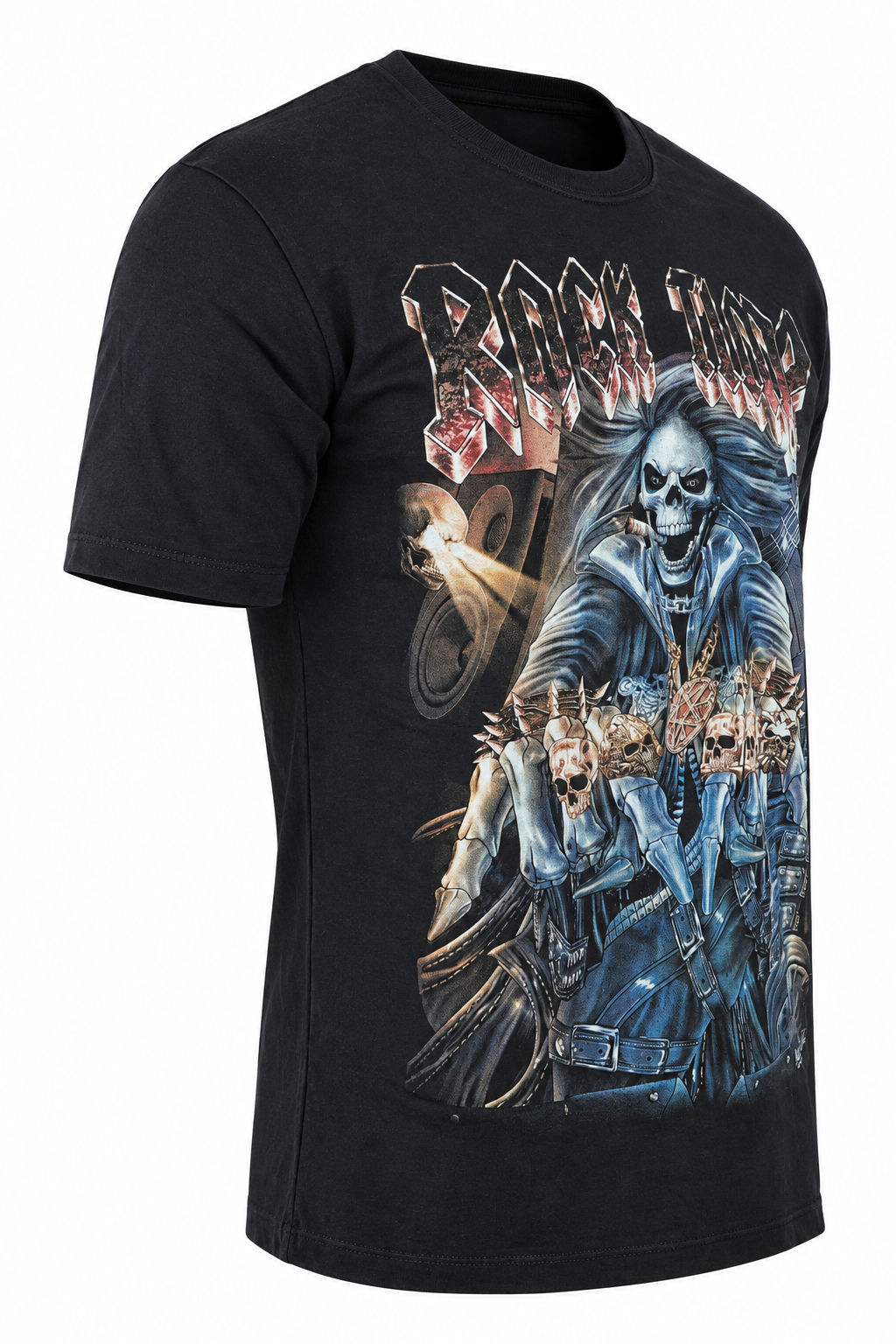 Rock Time Skull T-Shirt in der Seitenansicht auf digitalem Shop-Weiß
