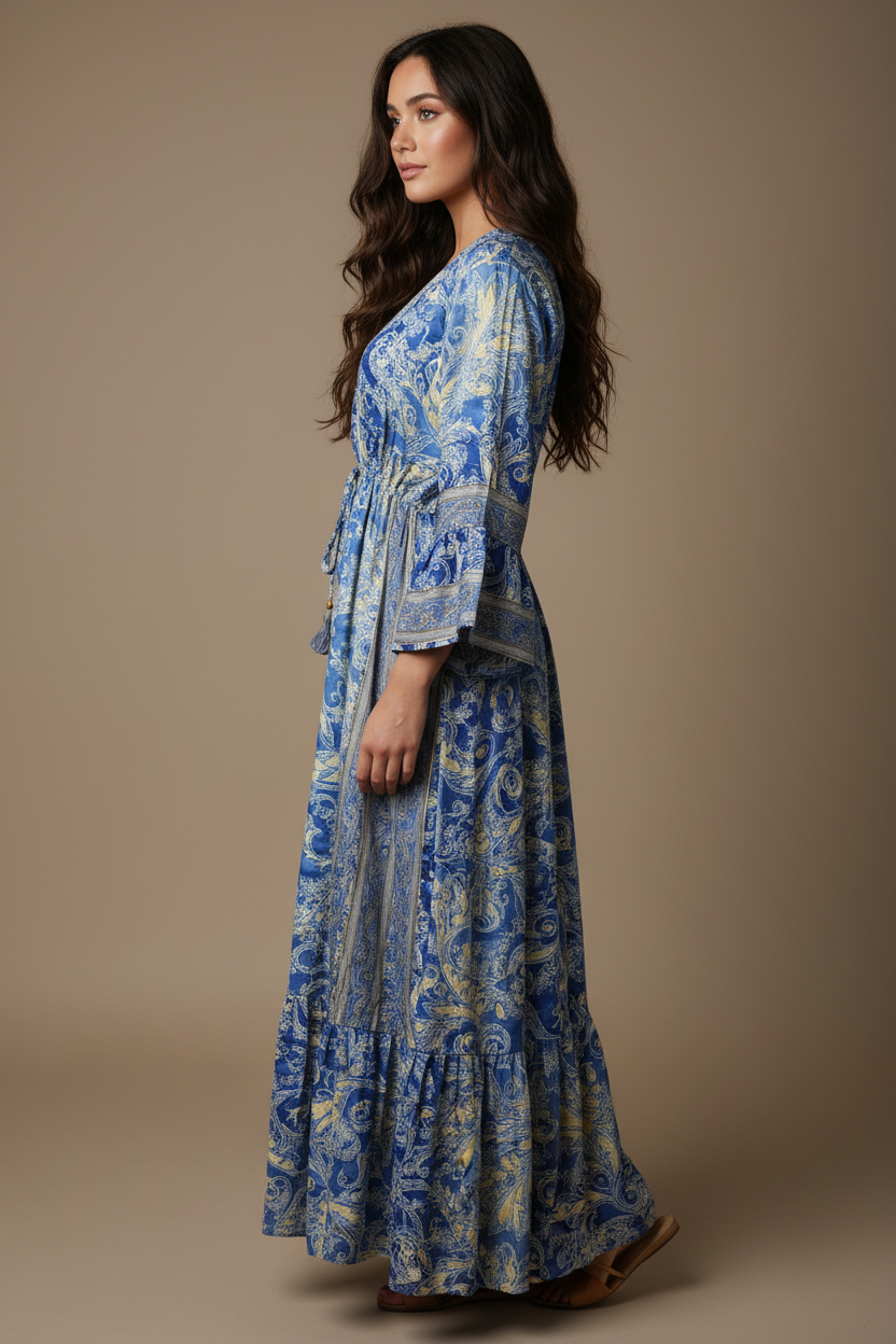 Boho Maxi Kleid Kobaltblau Gelb Baroque Paisley – Seitenansicht