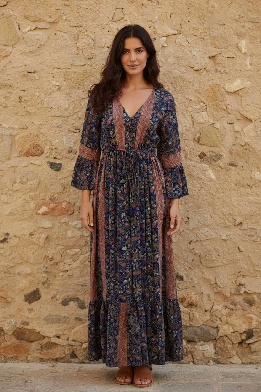 Boho Maxi Kleid Blau Bordeaux – Steinwand Stehend