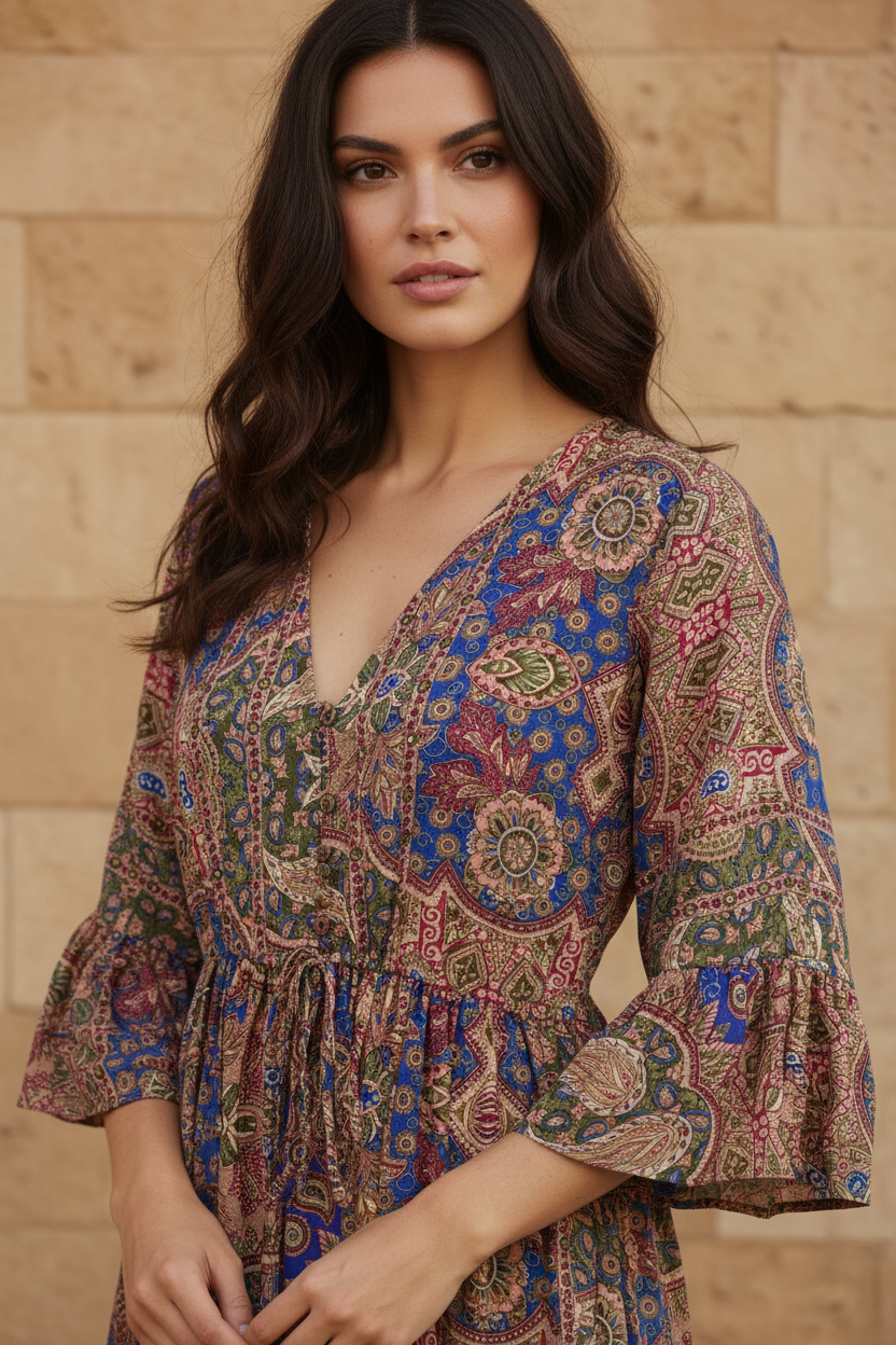 Boho Maxi Kleid Bordeaux Blau Patchwork – Detailbild Ausschnitt