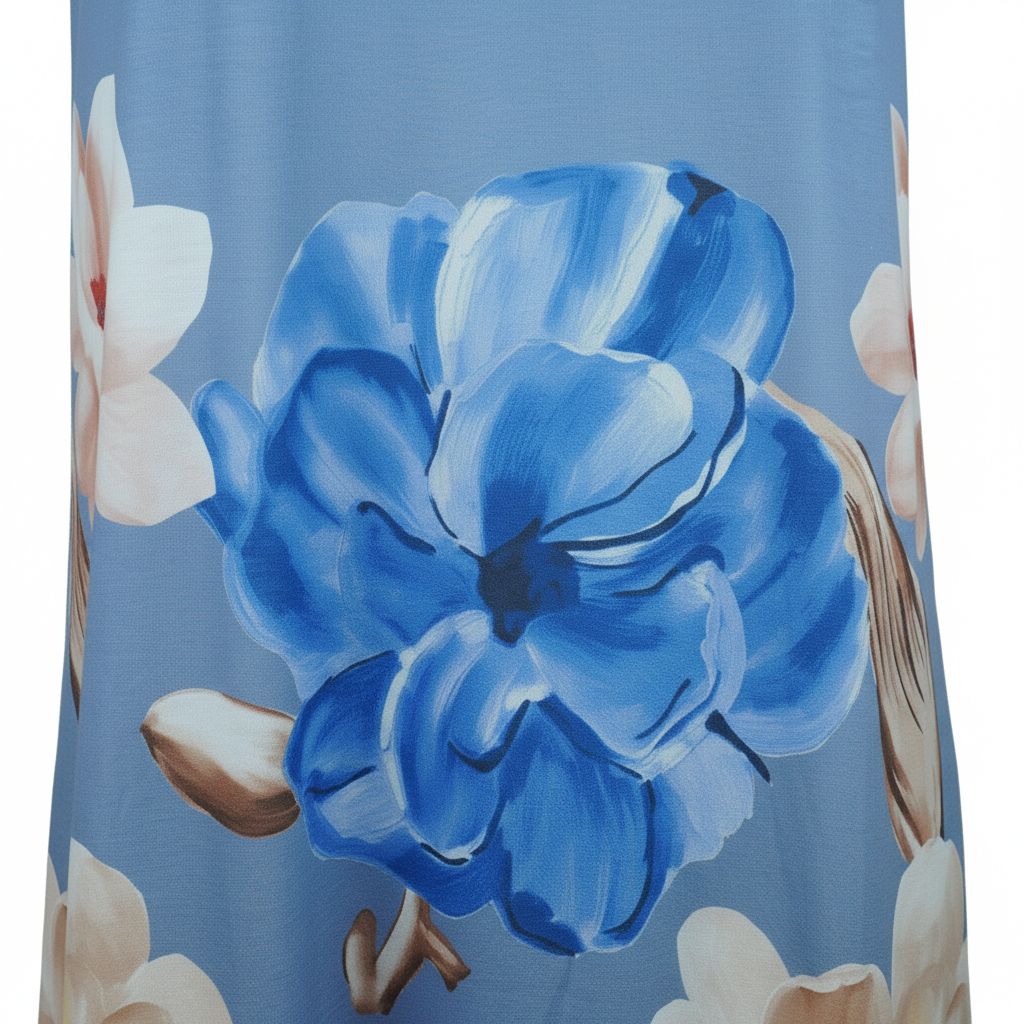 Sommerkleid Blumen Hellblau Magnolie Detailshot KI