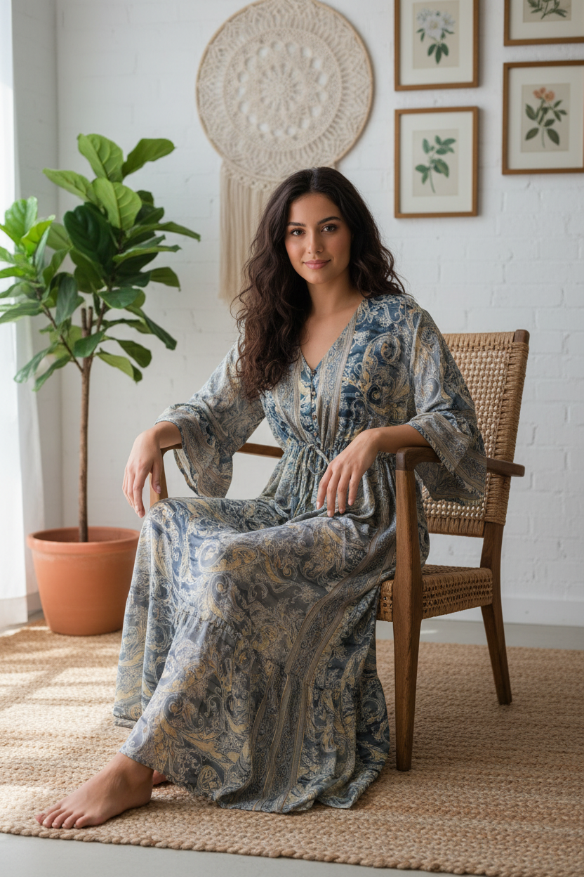Boho Maxi Kleid Stahlblau Beige Baroque Paisley – Sitzbild