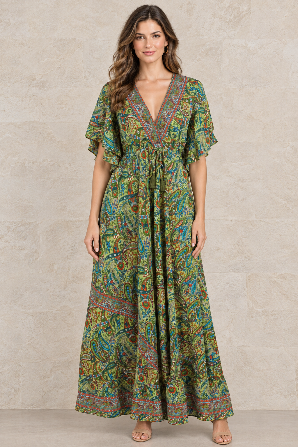 Boho Maxikleid Olivgrün Blau vor Steinwand