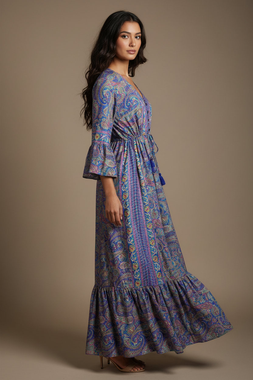 Boho Maxi Kleid Blau Lila Paisley – Seitenansicht