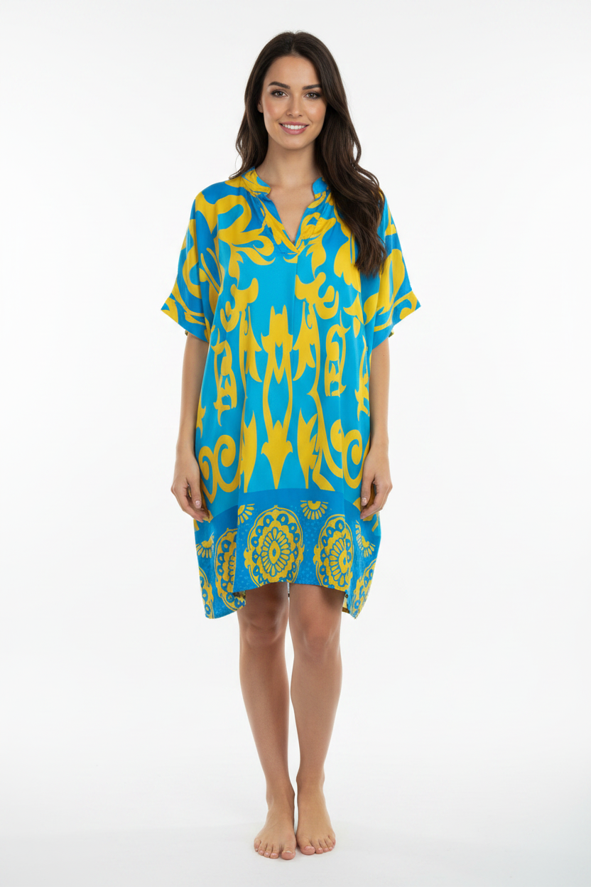Kaftan Barock Türkis Gelb Modell Vorderansicht KI
