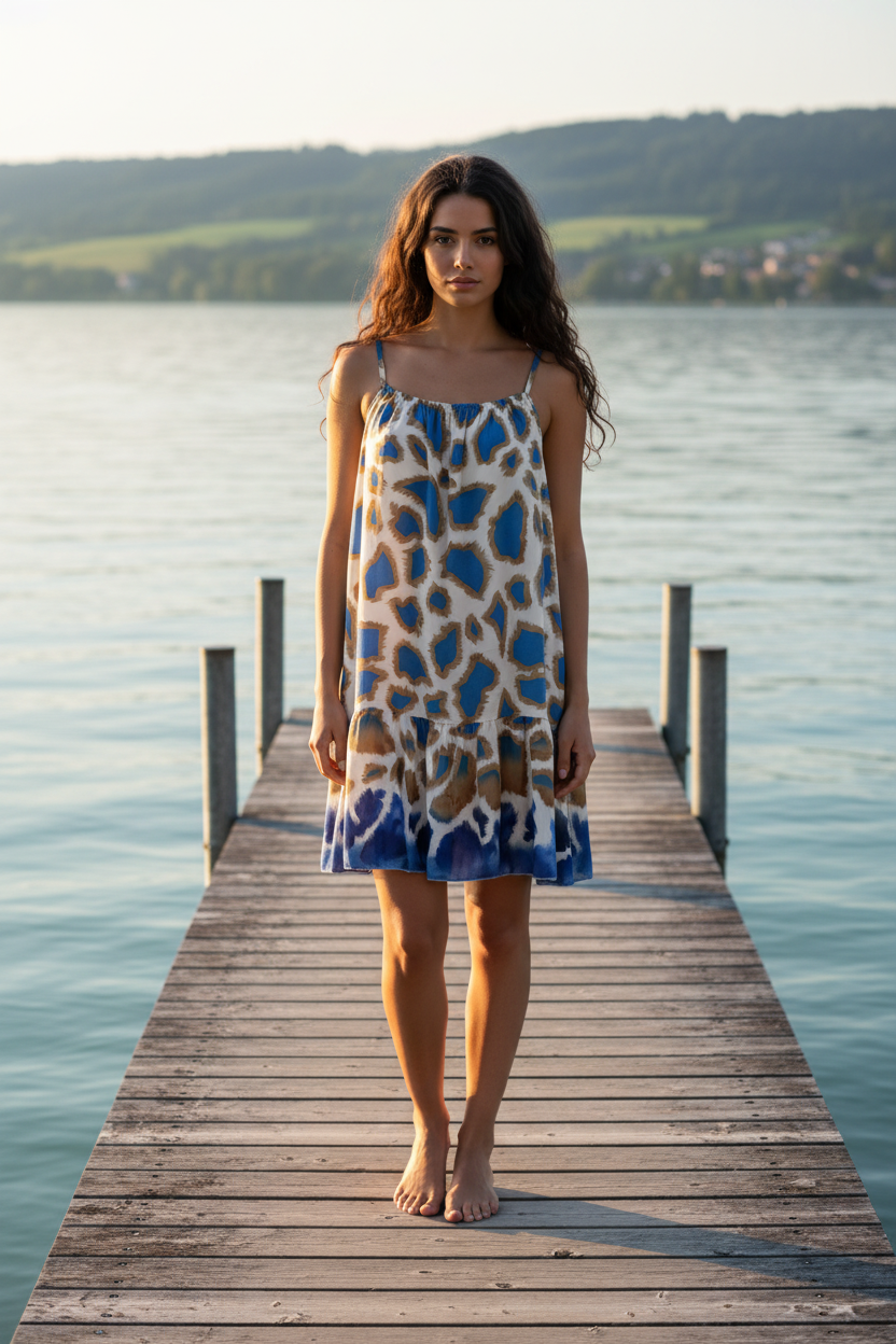 Sommerkleid Animal Print Creme Blau Bodensee