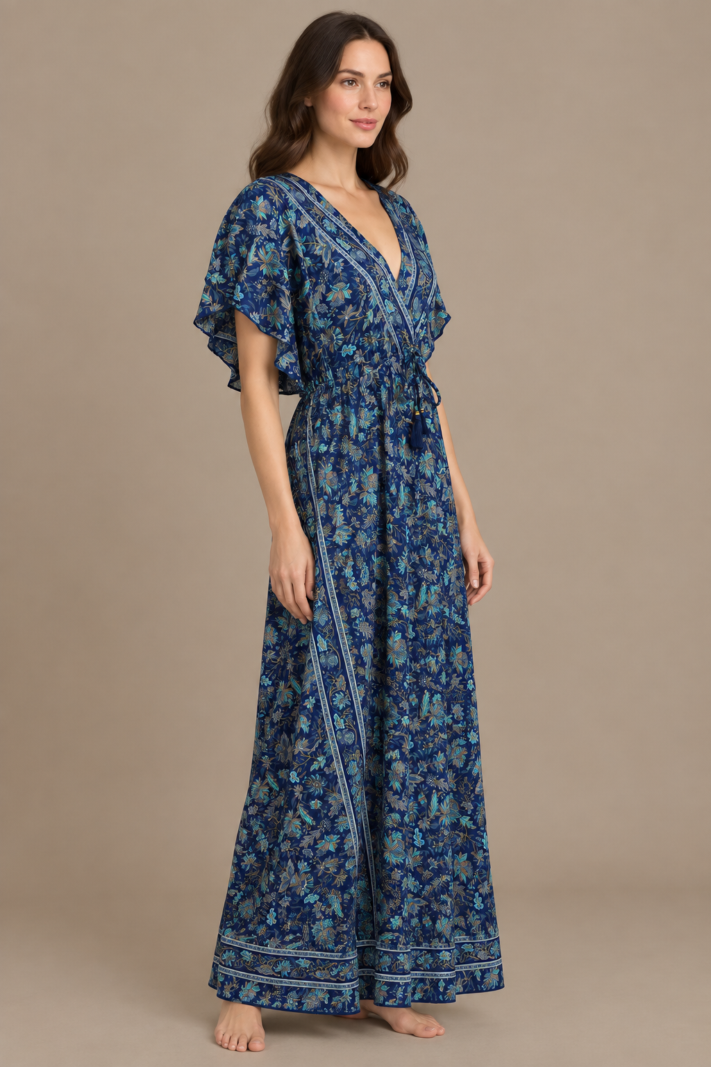 Boho Maxikleid Dunkelblau Türkis – Seitenansicht