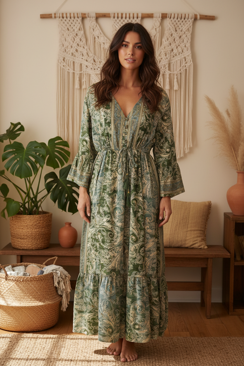 Boho Maxi Kleid Olive Gold Paisley – Boho Stehend
