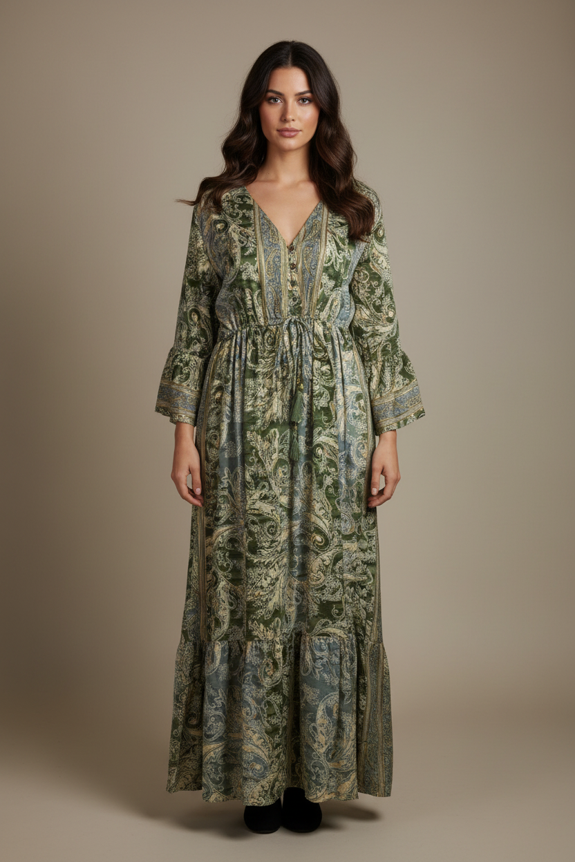 Boho Maxi Kleid Olive Gold Paisley – Studio Hauptbild