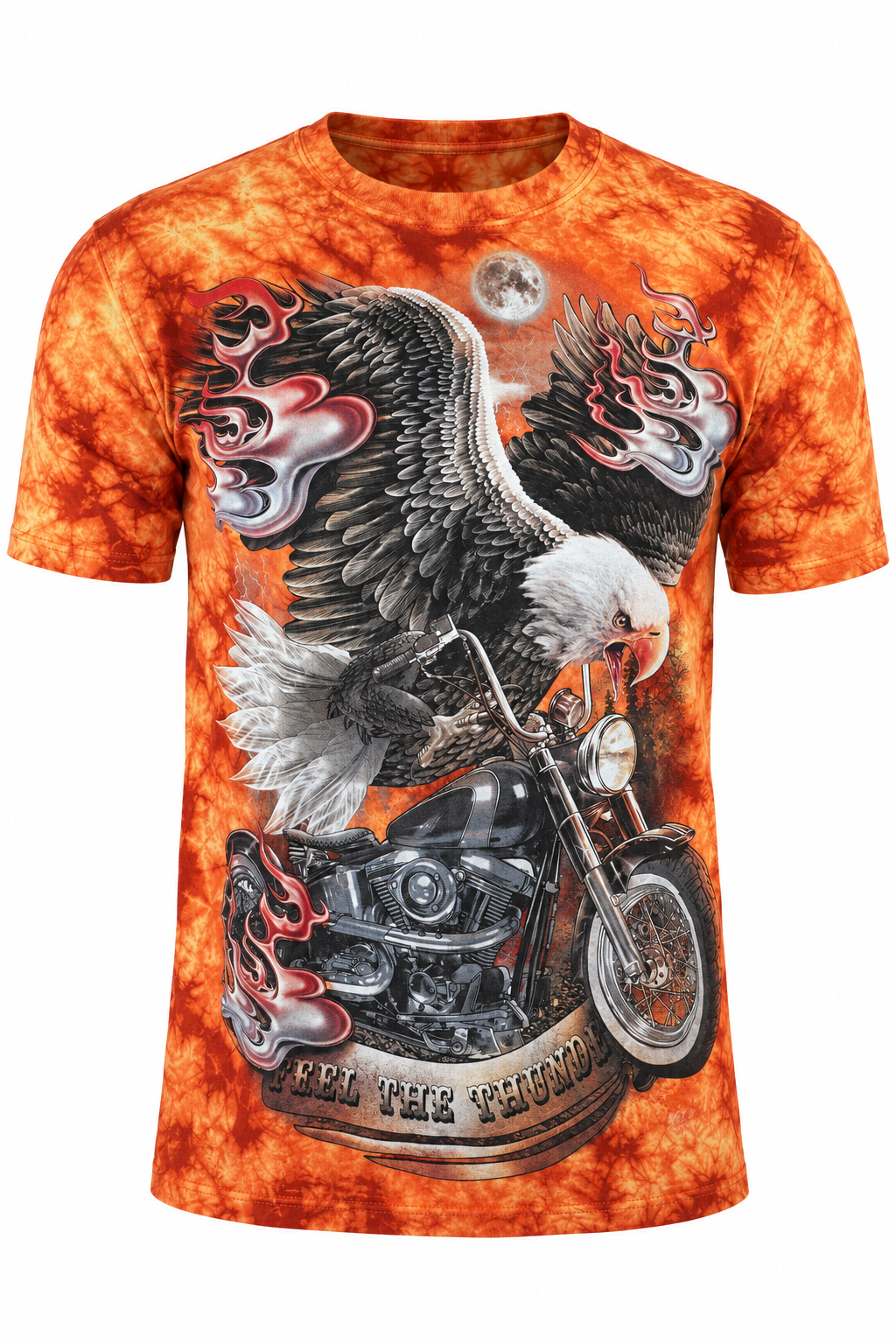 Orangefarbenes Freedom Eagle Biker T-Shirt mit Adler, Chopper und Flammen