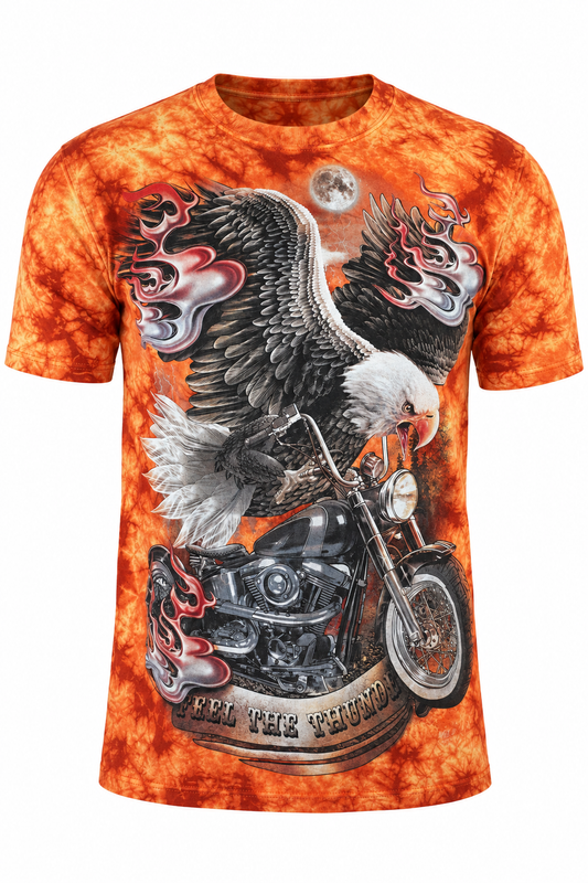 Orangefarbenes Freedom Eagle Biker T-Shirt mit Adler, Chopper und Flammen