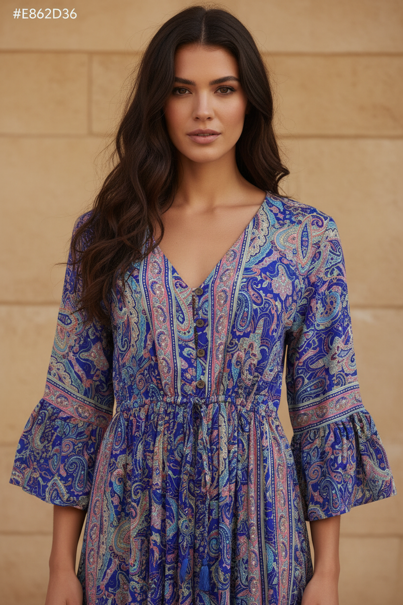 Boho Maxi Kleid Blau Lila Paisley – Detailbild Ausschnitt