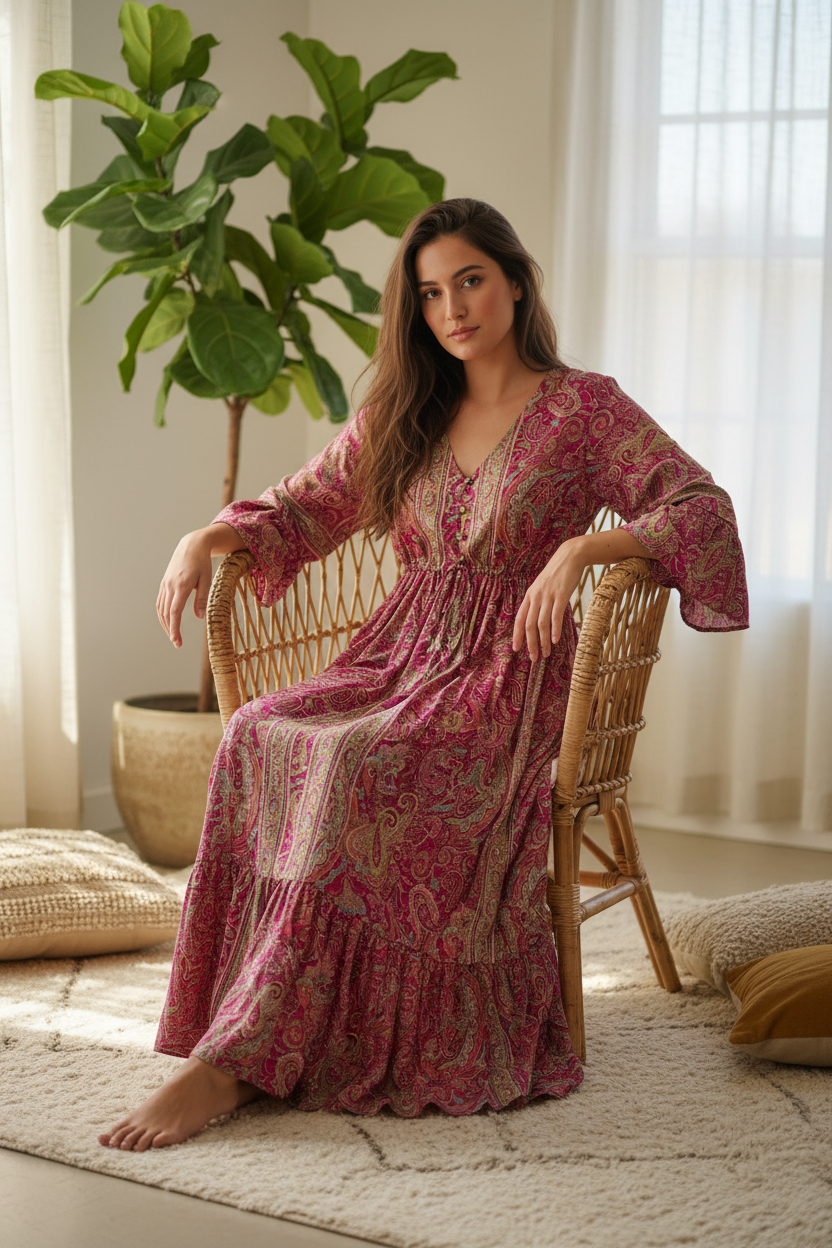Boho Maxi Kleid Pink Paisley – Sitzbild