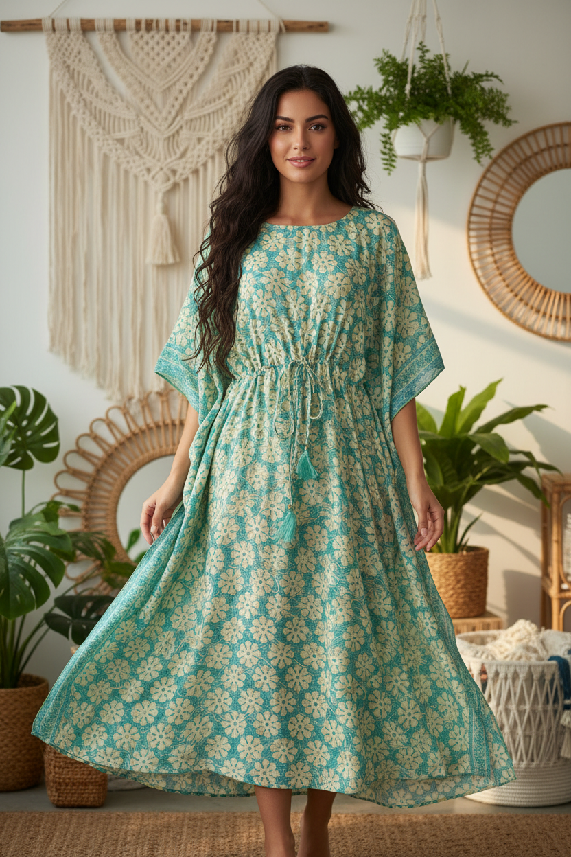 Boho Kaftan Türkis Mint Blumen-Print – Boho Stehend