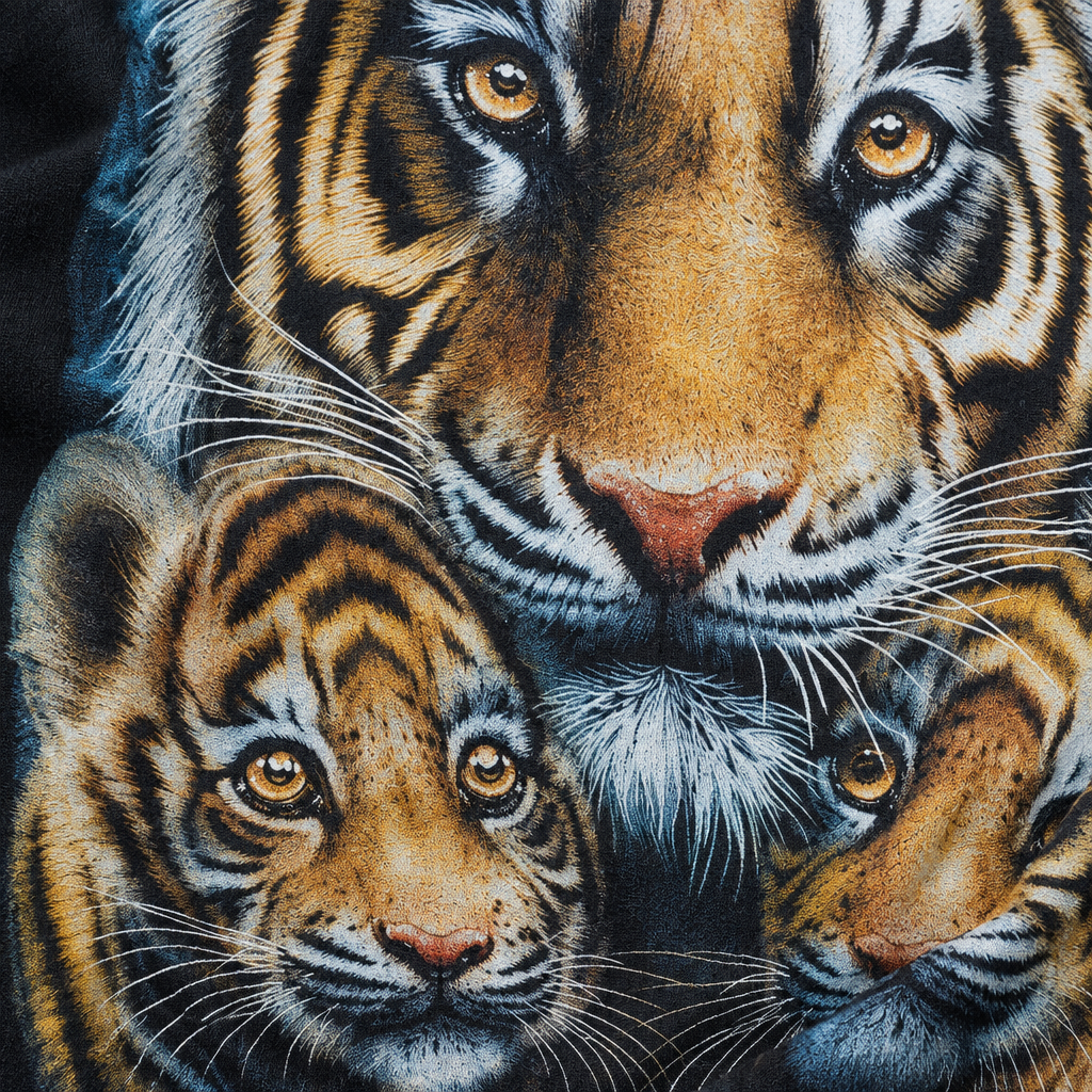 Detailaufnahme von Tigeraugen, Fell, Streifen und Baumwollstoff