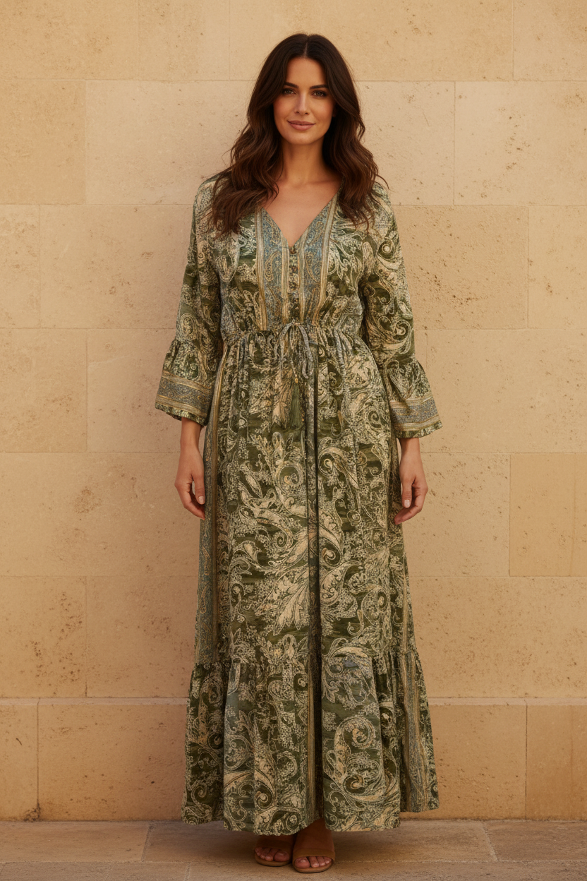 Boho Maxi Kleid Olive Gold Paisley – Steinwand Stehend