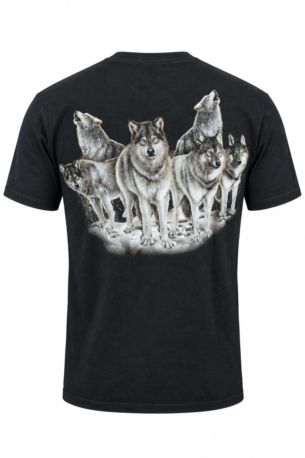 Rückseite des Moon Wolf Guardian T-Shirts mit großem Wolfsrudel-Motiv
