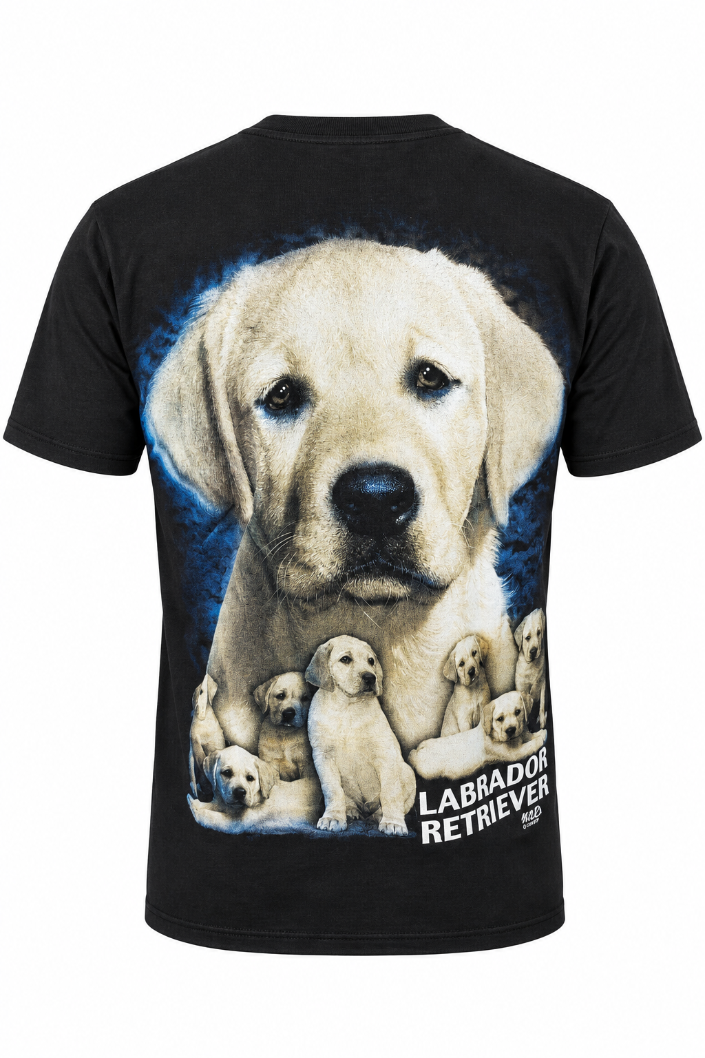 Rückseite des Labrador Retriever Family T-Shirts mit großem Hund und Welpen