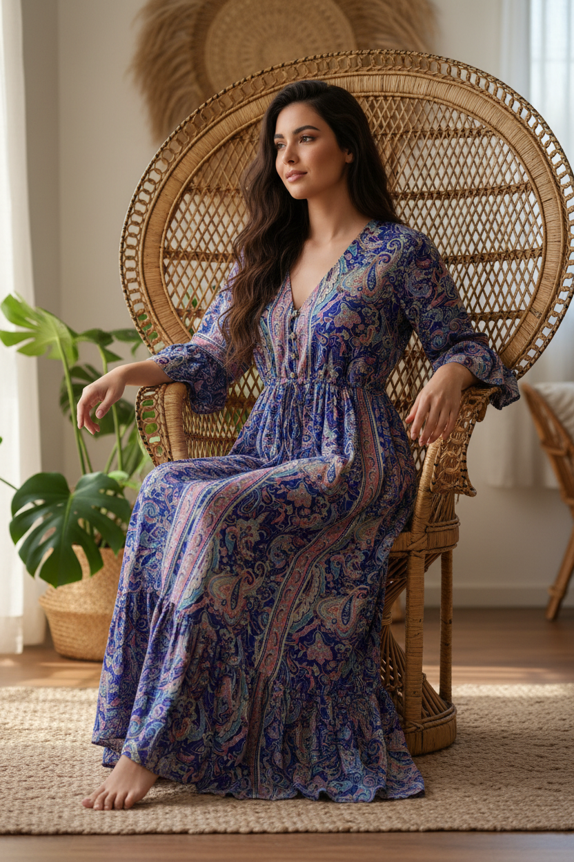Boho Maxi Kleid Royal-Blau Paisley – Sitzbild